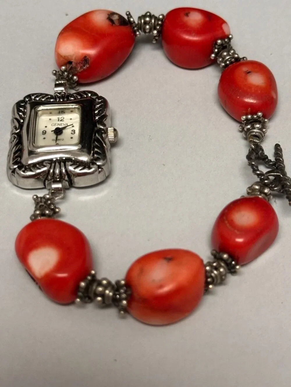 Geneva Watch Women Silver Tone Red Chunky Coral Beads Sterling Clasp Works